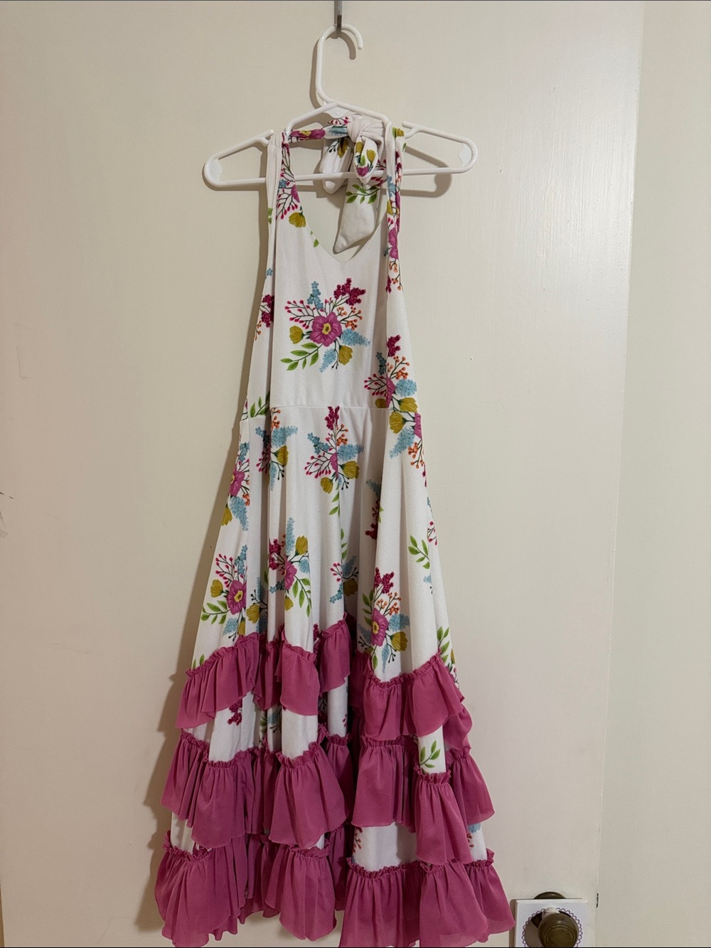 Girls White Floral Halter Dress with Pink Ruffle Tiers